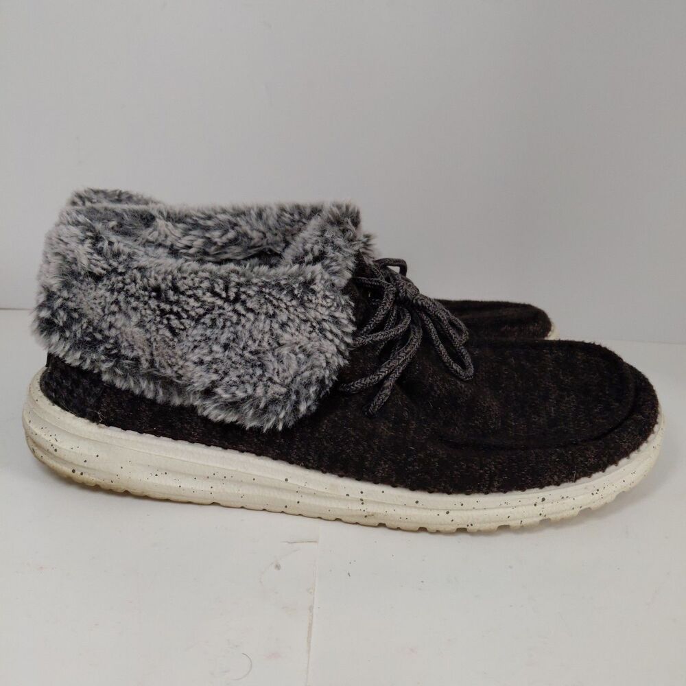 Hey Dude Britt Black Faux Fur Lined Boots Womens 9 Slip On Winter Cozy Comfort